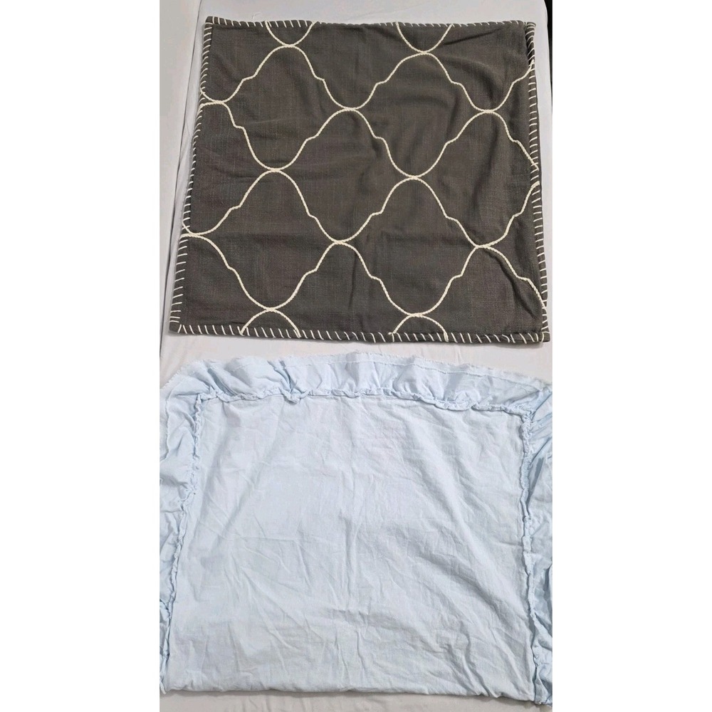 PotteryBarn Shabby Chic Ruffle Lt Blue Gray Embroidered Cotton Pillow Covers NEW